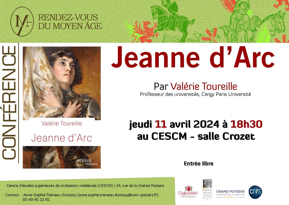 Les rendez-vous du Moyen Âge reçoivent Valérie Toureille (Prof. des univ. Cergy Paris université) au @cescm (@DR08_CNRS) de l'@UnivPoitiers le mardi 11 avril à 18h30 pour une conférence sur son ouvrage 'Jeanne d'Arc'. Entrée libre