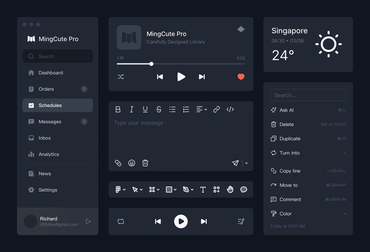 MingCute_icon's tweet photo. Several UI components
Side bar, music player, editor bar, tool bar, pop-up
Made with the MGC Icon System
👉https://t.co/whx0mmmM4I

#figma #design #icons #ux #webdesign #icondesign #dailyicon #DailyUI #DarkWeb #LightWeb #UI https://t.co/EELyt6elDG