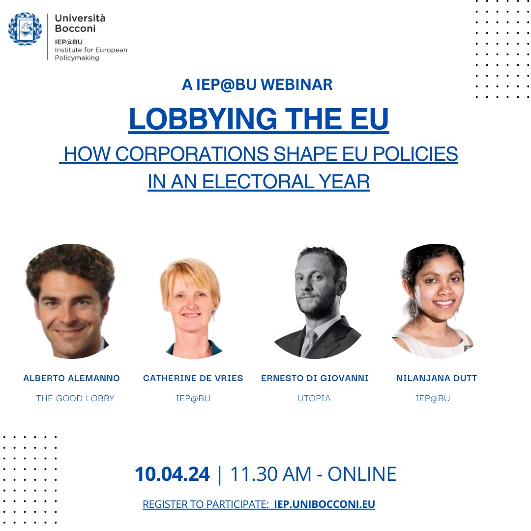 Quanto contano le lobby a Bruxelles in un anno elettorale? Come si muovono e cosa riescono a ottenere? Ne parliamo in un webinar di @iep_bu il 10 aprile Per saperne di più e registrarsi: iep.unibocconi.eu/events/lobbyin…