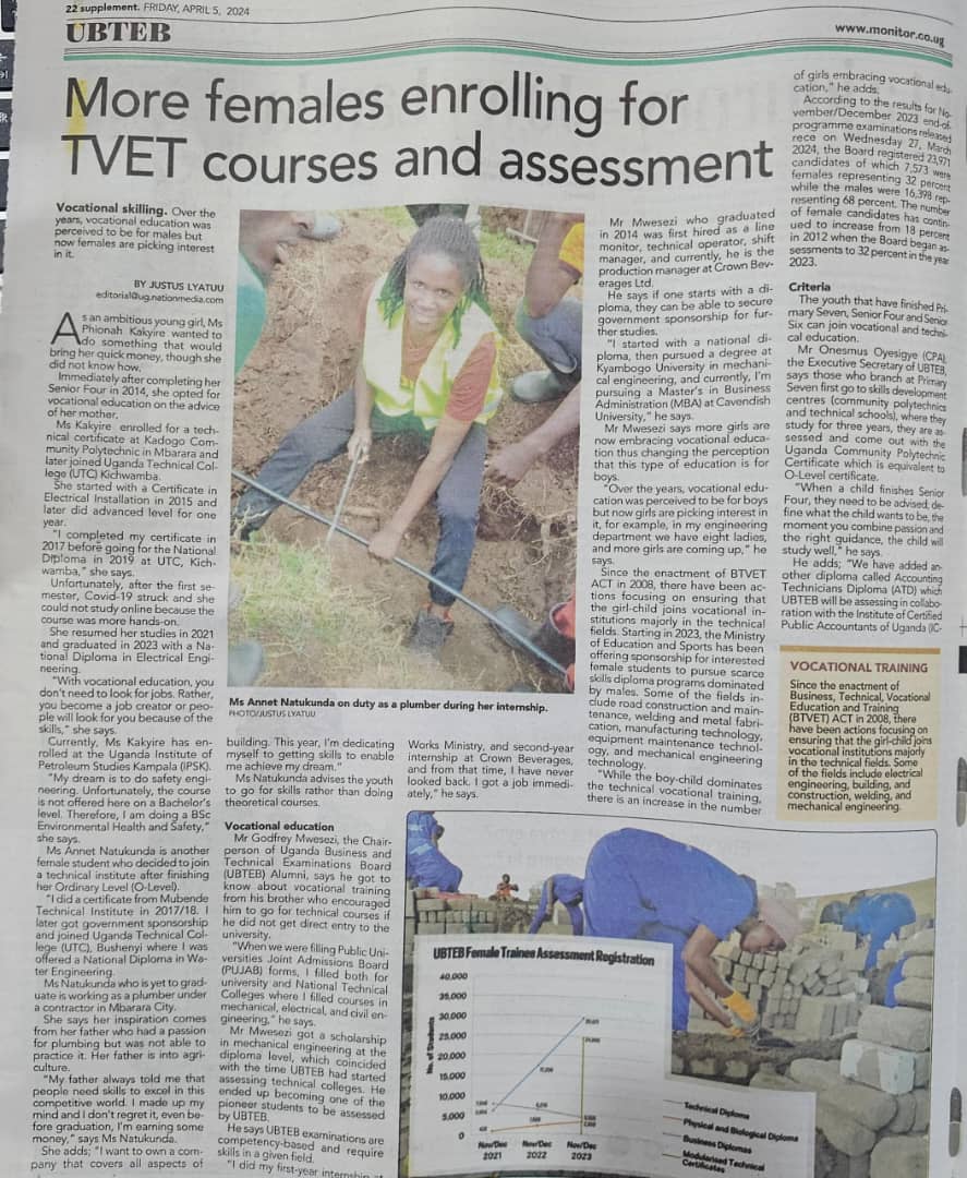 Cheers to all stakeholders addressing gender blindness 8n the #TVET space. With more combined efforts more females can enrol into all forms of #TVET. @DailyMonitor thanks for supporting #TVET success. @MadamCTVET @UBTEBOfficial @Educ_SportsUg @TVET4Girls