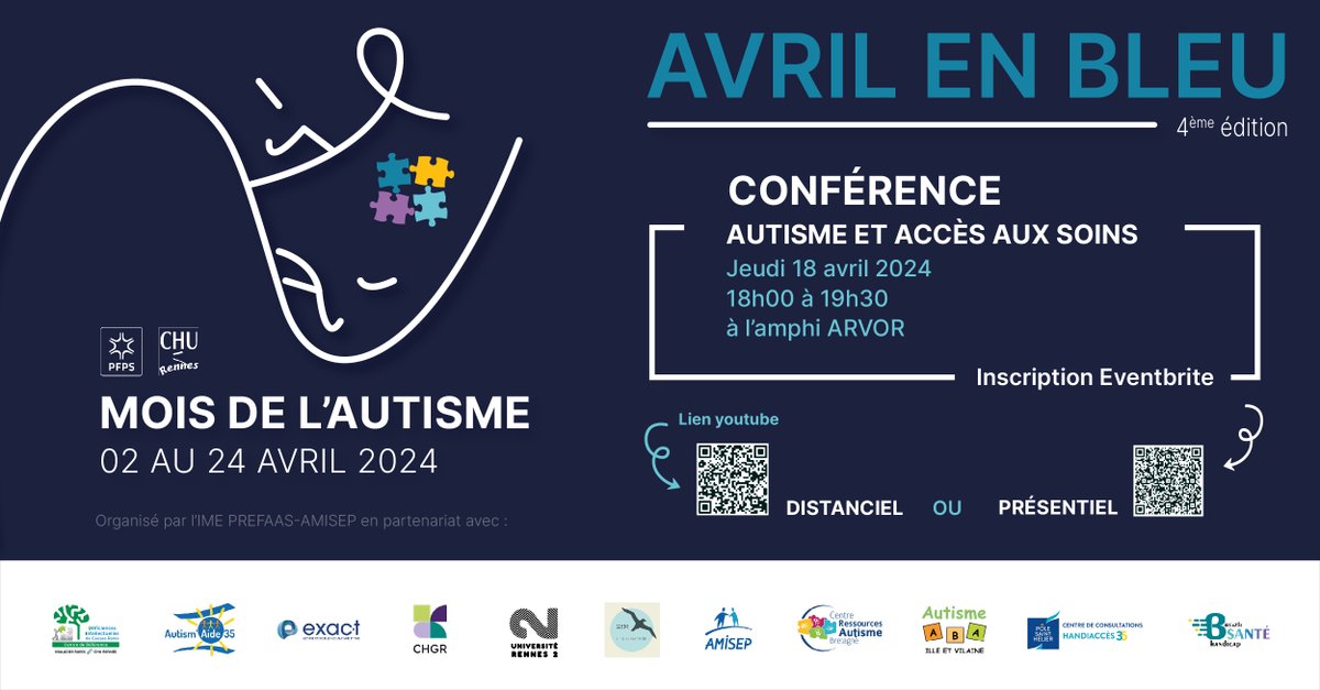 📢Dans le cadre de la 4ème édition d’Avril en Bleu, portée par l’IME PREFAAS (AMISEP), en collaboration avec le PFPS du <a href="/CHURennes/">CHU de Rennes</a>, nous vous proposons une conférence suivie d’une table  ronde accessibles à tous sur inscription ▶ 
eventbrite.com/e/conference-a…