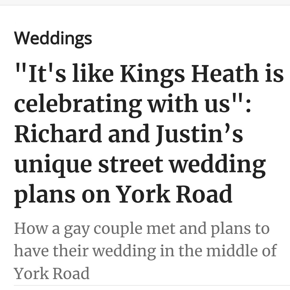 birminghamworld.uk/lifestyle/wedd…
I can't wait to be part of this! 

I was at Queen's Heath Pride last year when Justin proposed to Richard. It was an amazing moment!

Thanks to Richard and Juatin for asking me to be part of your fabulous day.