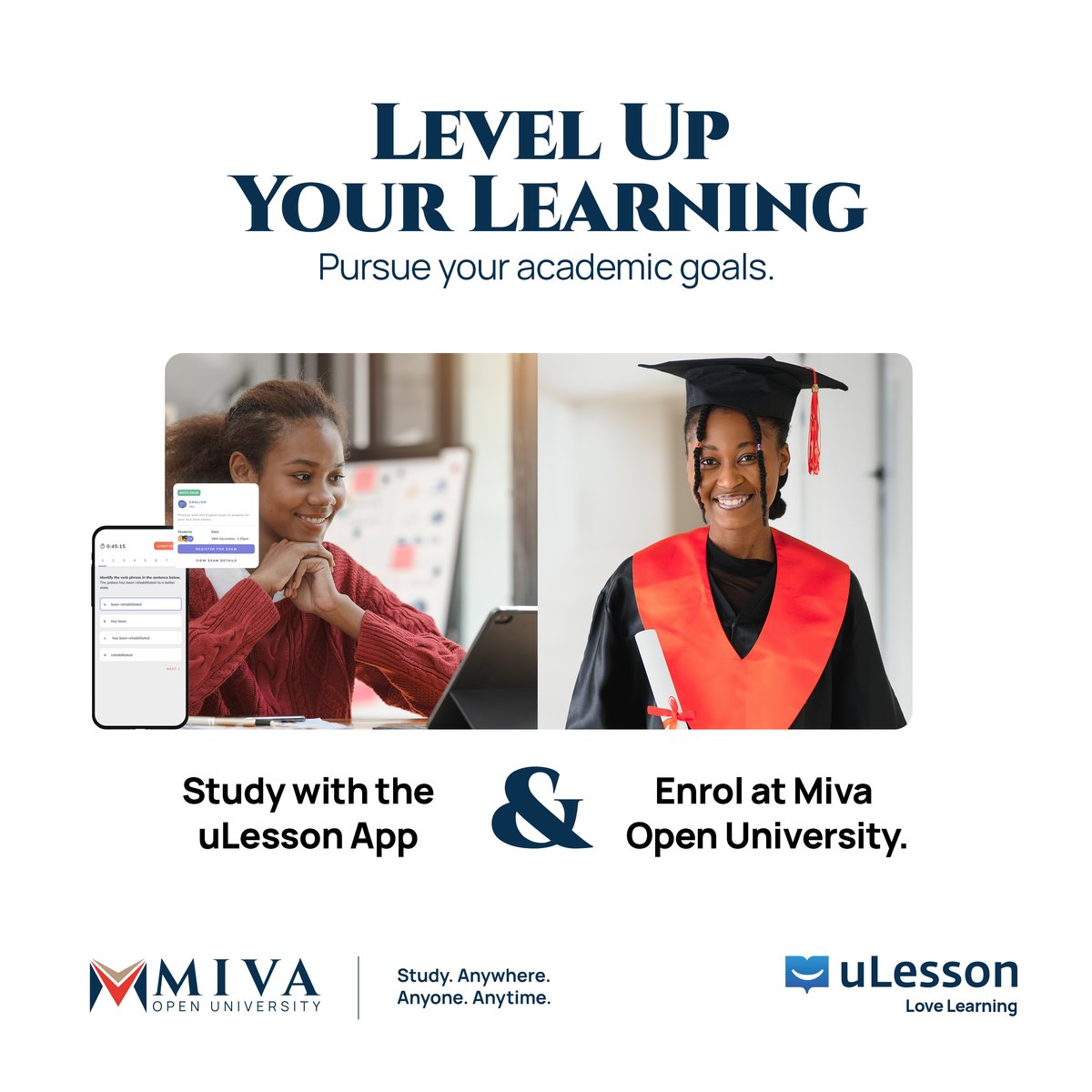 mivauniversity's tweet image. Excel in your O'level examinations in a single attempt with the @ulessonapp and gain admission into @mivauniversity. 🤩📚
Download & subscribe to the @ulessonapp. ✨
Explore exciting opportunities at miva.university. 🚀
#StudyAtMiva #uLessonApp #DigitalEducation