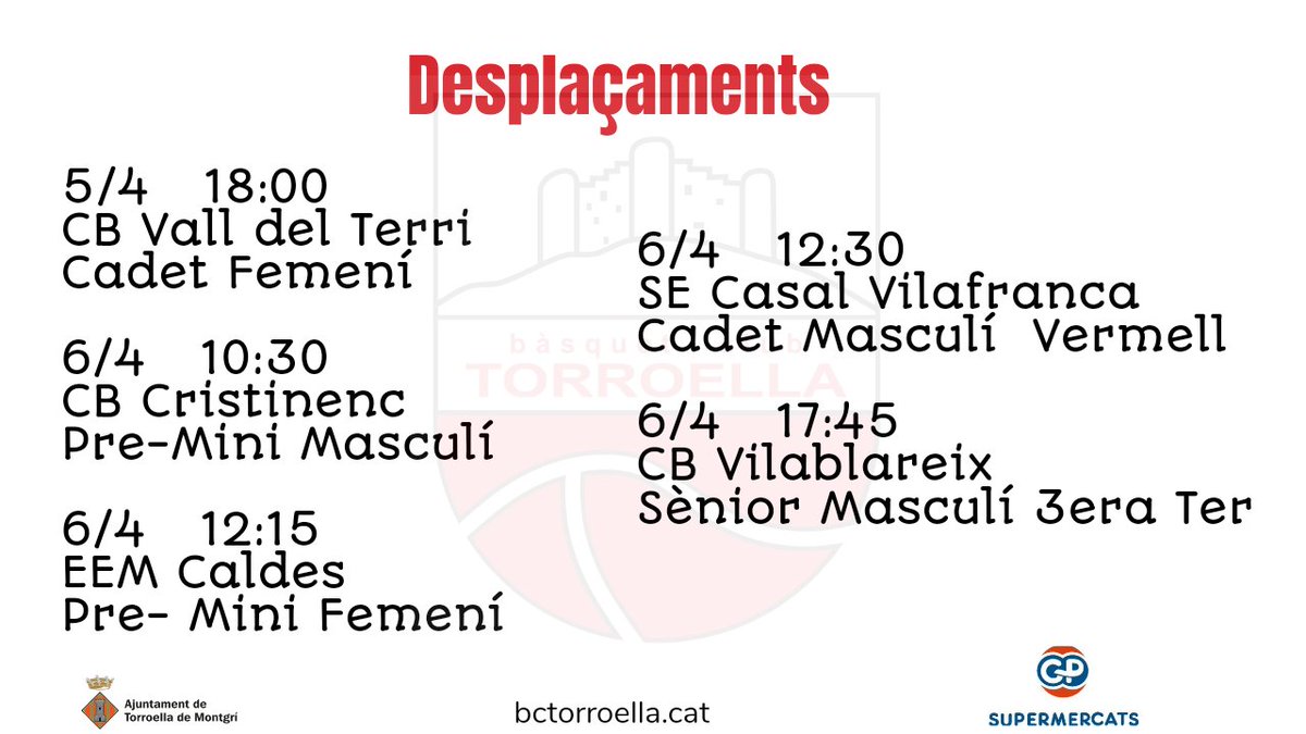 Bàsquet Club Torroella (@bc__torroella) on Twitter photo Després de l'aturada per Setmana Santa, tornem a la competició.
Amb un munt de partits. Tant als dos pavellons de Torroella, com a fora.
La jornada comença avui amb el Cadet Femení a <a href="/cbvilablareix/">C.B. Vilablareix</a>.
Sort a tot@s....
🔴⚫
🏀🏀🏀
#SomTorroella
#SomEsport
#GPSupermercats Després de l'aturada per Setmana Santa, tornem a la competició.
Amb un munt de partits. Tant als dos pavellons de Torroella, com a fora.
La jornada comença avui amb el Cadet Femení a <a href="/cbvilablareix/">C.B. Vilablareix</a>.
Sort a tot@s....
🔴⚫
🏀🏀🏀
#SomTorroella
#SomEsport
#GPSupermercats