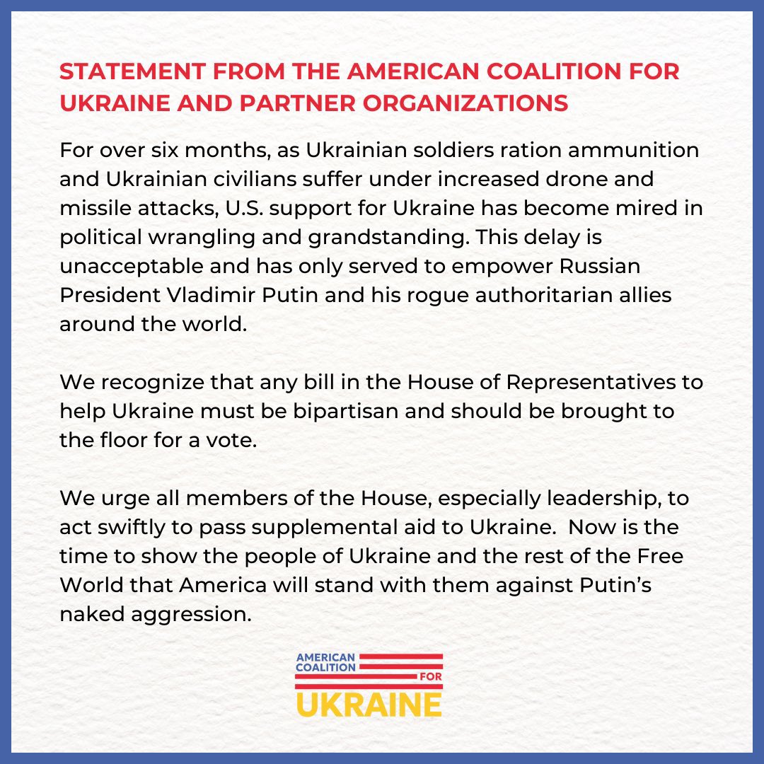 Every day that Congress delays a vote on Ukraine aid, more Ukrainian soldiers and civilians die — and the weaker America looks. Call @SpeakerJohnson TODAY at (202) 225-4000 and demand that he allow a vote on the Ukraine aid bill. It’s time to stand up to Putin! #UkraineAidNow 🇺🇦