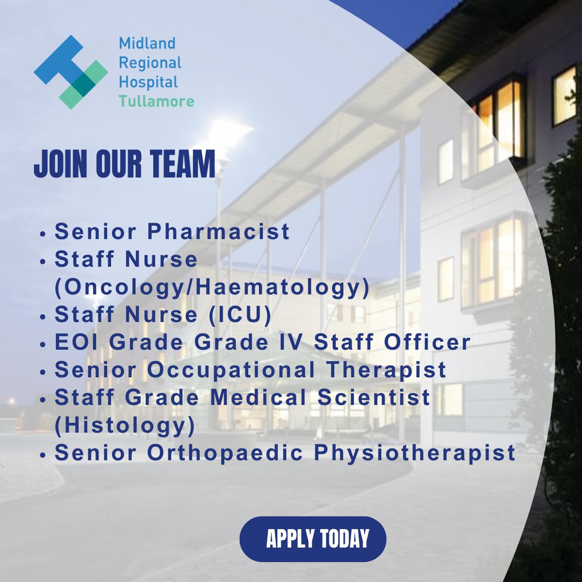 #MRHTullamore is currently hiring for a number of positions.  

Apply here today: bit.ly/4ayB36y

#jobopportunity #hiring #jobs #vacancies #jobfairy #DMHGJobs #team #opportunities