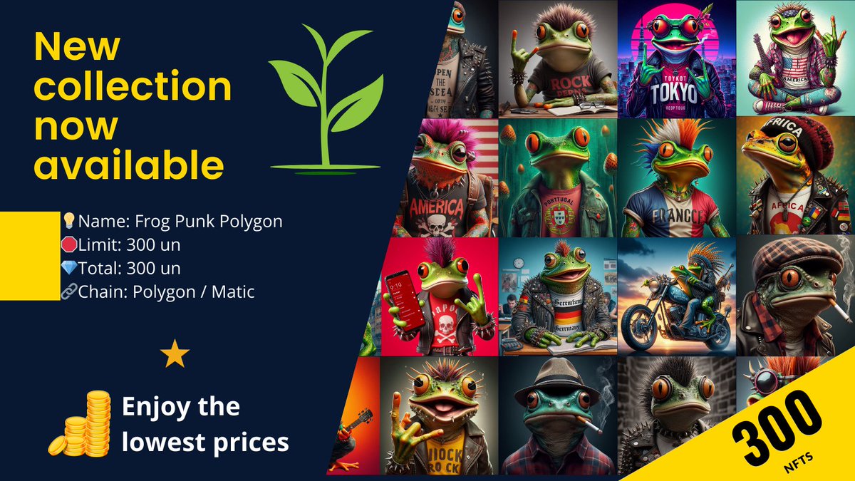 SimonSi29355396's tweet photo. FROG PUNK POLYGON now available🧨🎆🎆
➡️Enjoy the early lower prices ⭐⭐⭐
💡Total: 300 items 🛑Max: 300 items
https://t.co/kqP9iJY6VW
#frogPunk #NFT全員プレゼント #NFT #NFTCollection #NFTdrops #AIArtCommuity #aiartNft #digitalart #3dart #NFTCollection #nftcolletors https://t.co/3lzInxnG0H