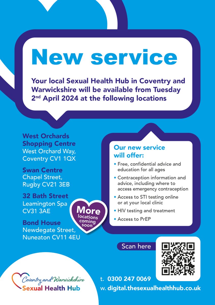 Your new local Sexual Health Hub in Coventry and Warwickshire is available at:

📍 Swan Centre, Rugby
📍 32 Bath Street, Leamington
📍 Bond House, Nuneaton
📍 West Orchards Shopping Centre, Coventry

Visit their website for more info: digital.thesexualhealthhub.co.uk
