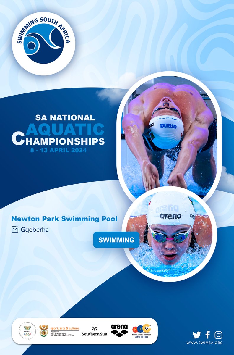 👀COMING UP: SA National Swimming Championships - Newton Park Swimming Pool (Gqeberha), 8 - 13 April 2024 >>> Event Information: swimsa.org/disciplines/sw… @TeamSA2024 @SportArtsCultur @SouthernSunGrp @ArenaSAfrica #NationalLotteriesCommission