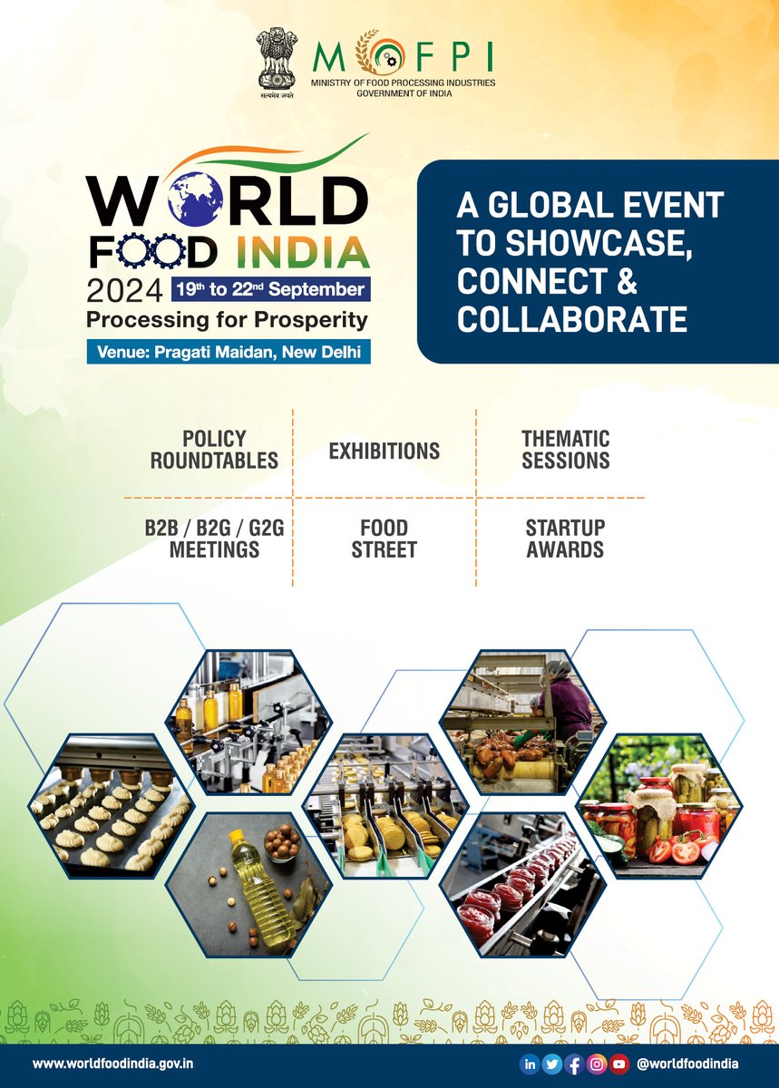 📢 World Food India 2024
📅 19-22 Sep
📍 Bharat Mandapam, Pragati Maidan, New Delhi
This edition will showcase India as the Food Basket of the World. 
Explore investment opportunities in the food processing sector, connecting with stakeholders.  
Stay tuned for updates! #WFI2024