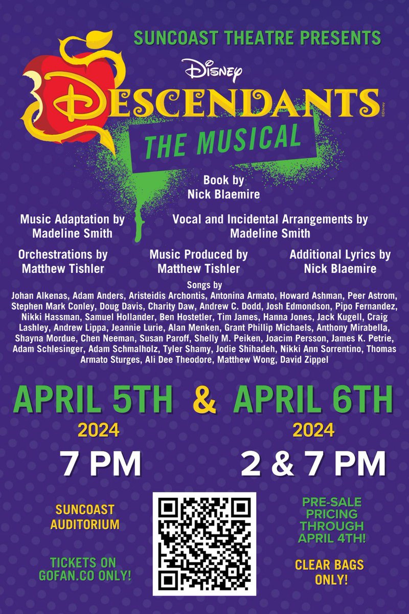 This weekend our Suncoast Theatre presents Disney Descendants The Musical! Be sure to purchase your tickets on GoFan.com in order to attend this show. You won’t want to miss this amazing performance! 💜💚