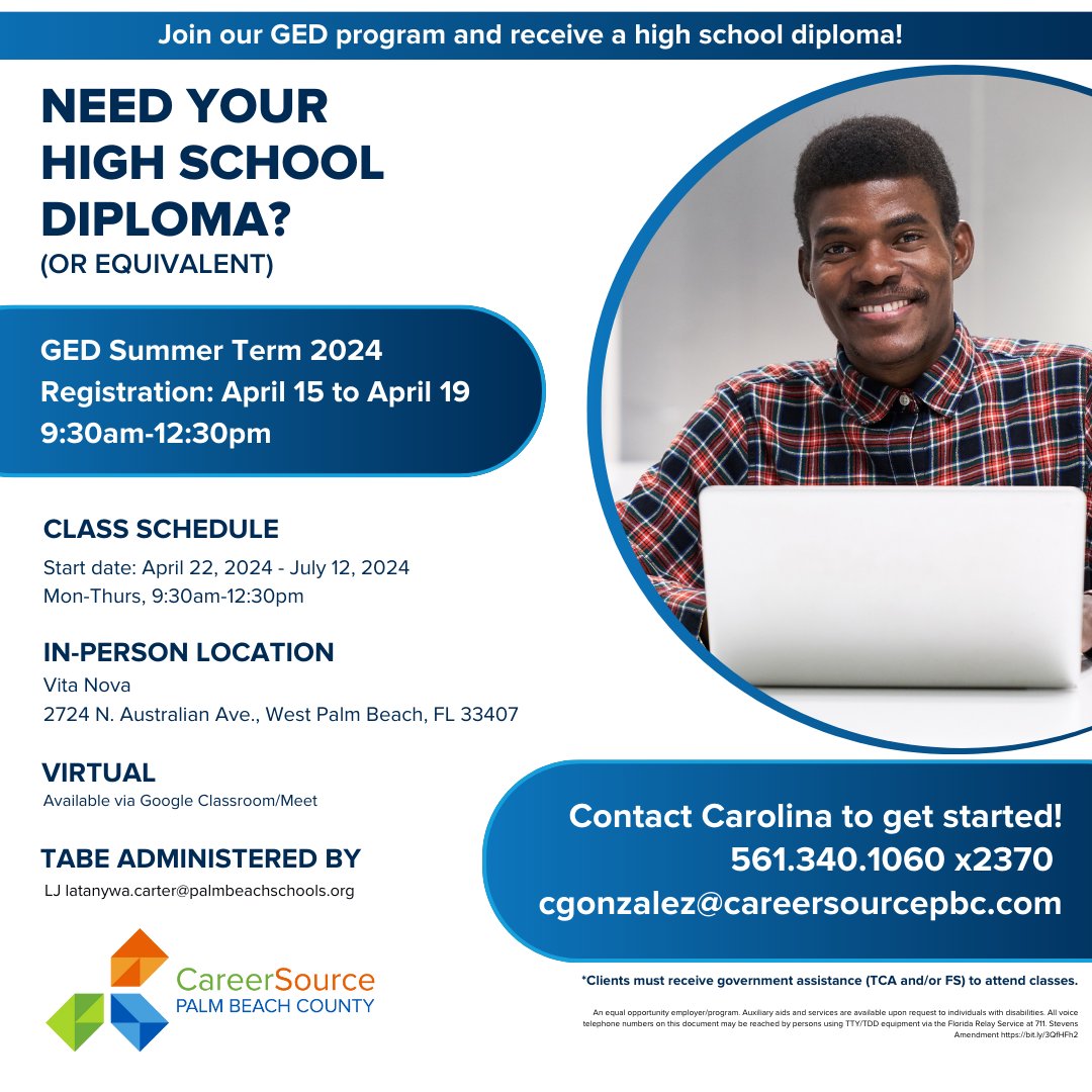 🎓 Need your high school diploma or equivalent? Join CareerSource Palm Beach County's GED program! Registration opens April 15th and classes start April 22nd. Contact our career consultant Carolina at 561.340.1060 x2370 or cgonzalez@careersourcepbc.com for more information.