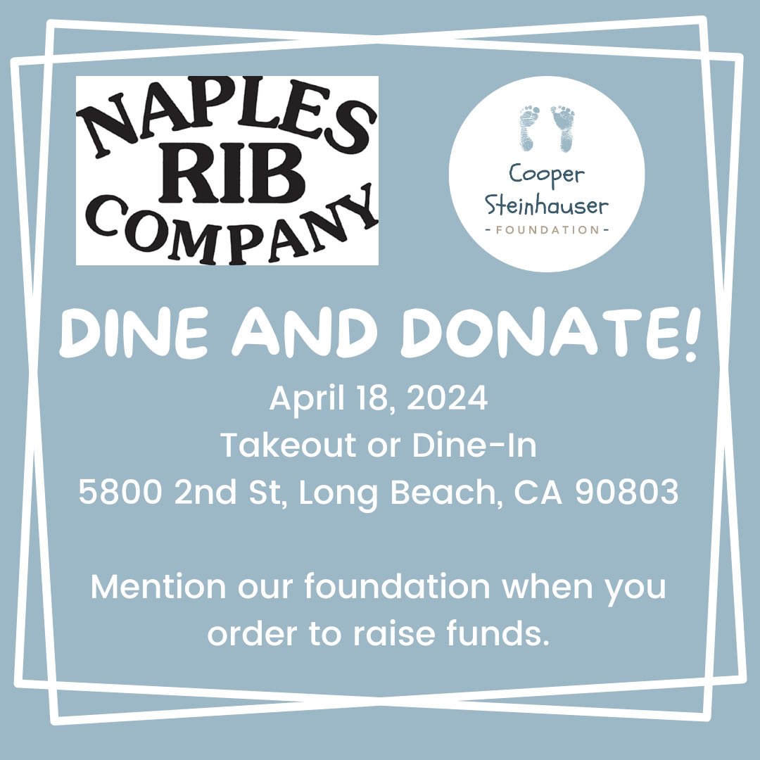 SoCal folks! Save the date for some delicious food and raising money for a good cause! April 18th, Naples Rib Company will be donating a portion of proceeds to us. Make sure you mention our foundation fundraiser when ordering in or takeout! #nicu #nicunurse #nicusupport #nicubaby