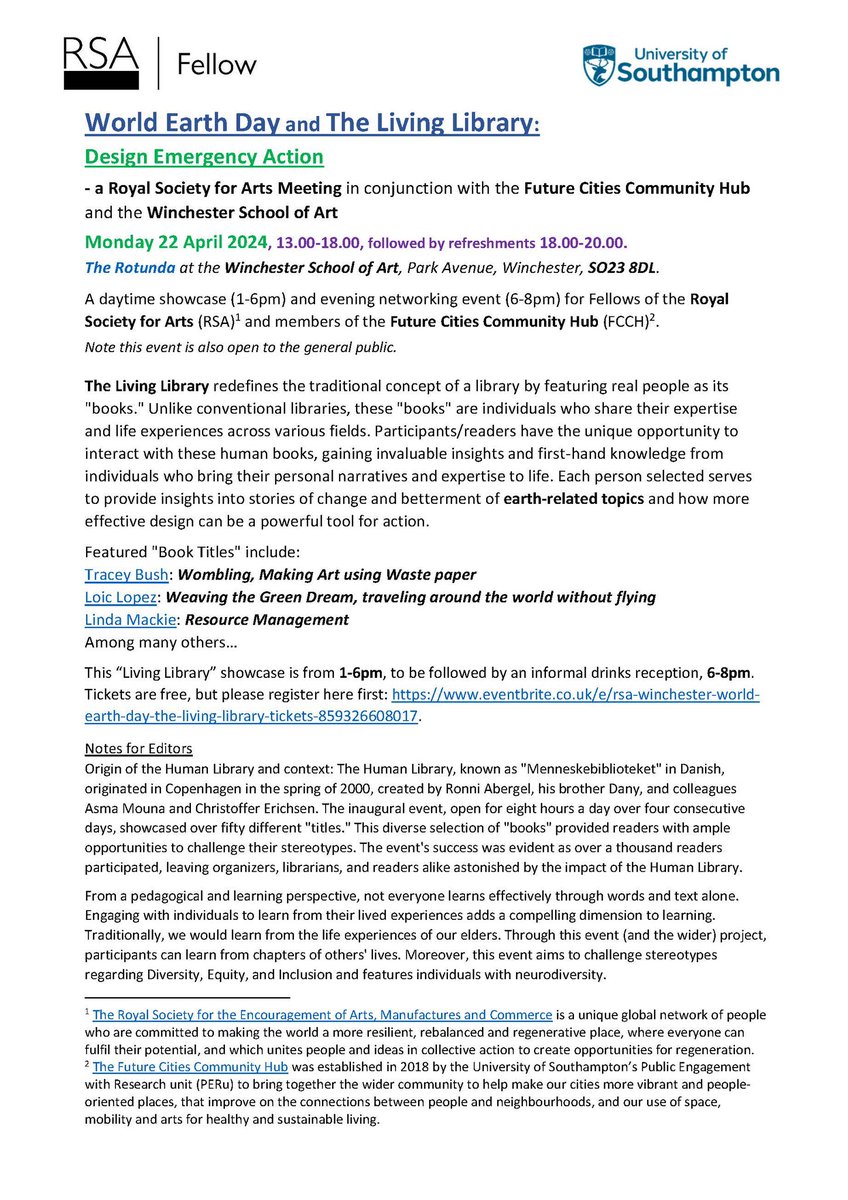 Monday 22 Apr is World Earth Day, and you are warmly invited to a ‘Design Emergency Action’ festival through the experiences of the Living Library at the Winchester School of Art between 1-6pm. Tickets are free, but please register first: wsarotunda.soton.ac.uk/event/world-ea… <a href="/RSASouthEast/">@RSASouthEast</a>