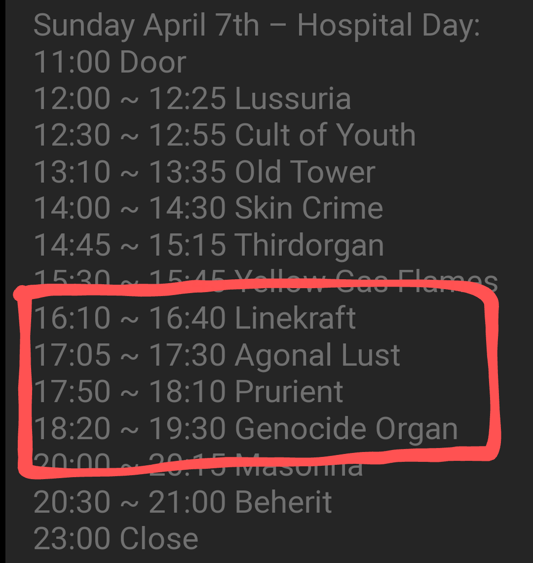 anokthus's tweet photo. 明日からのNWN!/Hospital Fest、2日目のメンツ全くわからんというメタル勢が大多数だろうけど、2日目はこの赤枠が一気に空気張り詰める大トロな時間なのでどうか観て欲しいですね(雑に言うと上から日本代表、アメリカ地下代表、Hospitalのオーナー、ジャンルの頂点fromドイツ) #NWNHOSPITALFEST https://t.co/Yv7WssOhut