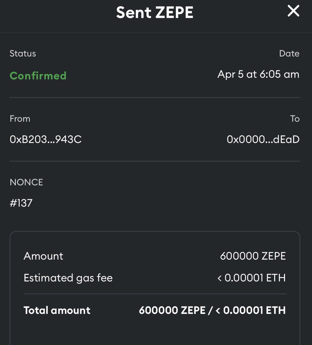 nft_Art's tweet image. 300,000 more $zepe • @Zepecoin burned 🔥 Total 900,000 
Ty @Qryptopound &amp;amp; @NFTCopycat