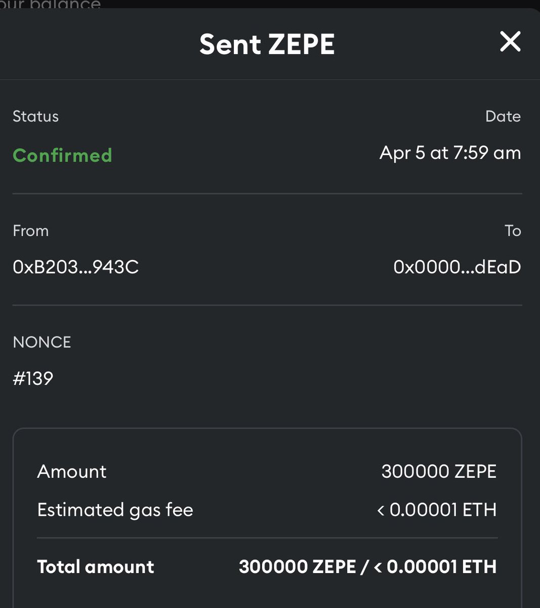 nft_Art's tweet image. 300,000 more $zepe • @Zepecoin burned 🔥 Total 900,000 
Ty @Qryptopound &amp;amp; @NFTCopycat