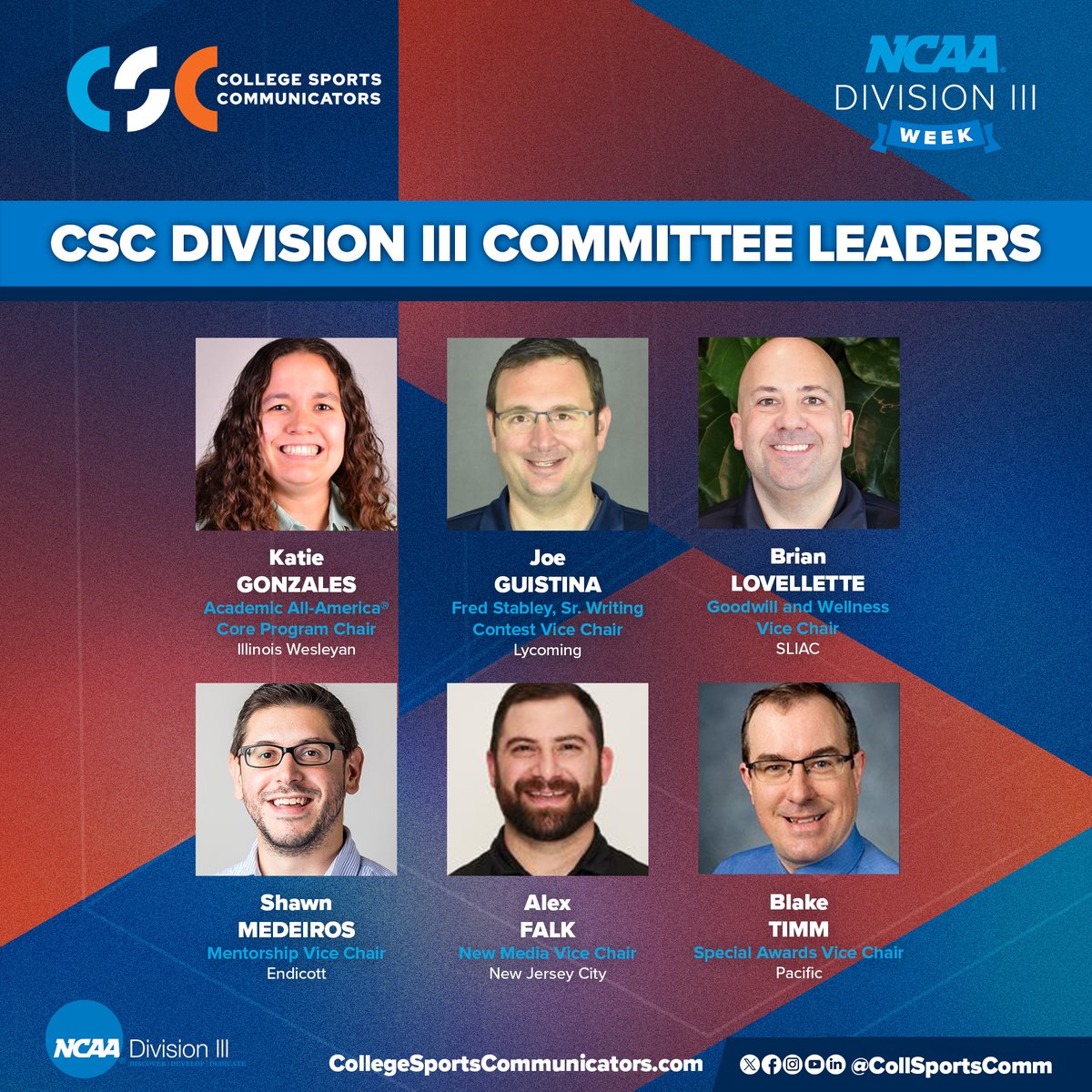 We're continuing the @NCAADIII #D3Week celebration with a spotlight on our CSC committee leaders! Thank you for all that you do! @KTG_012, @iwusports Joe Guistina, @lycoathletics @realBLOVE, @SLIAC @Shawn_Medeiros, @ECGulls @alex_falk, @NJCUAthletics @timmbr, @pacificu