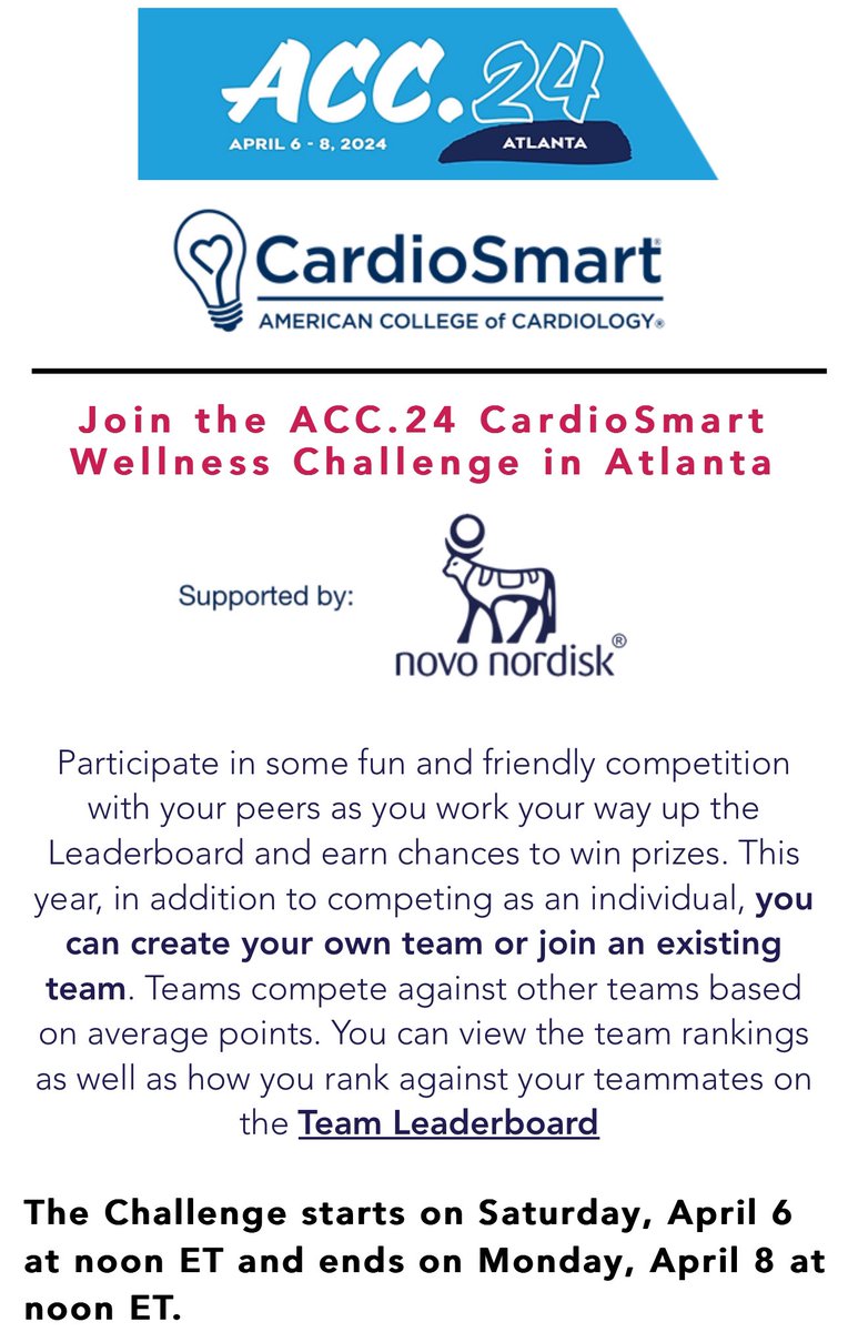 I remember when we started the Step Challenge at ACC/CardioSmart!

And it is still going strong! 

Register &join the step challenge as an individual (#queenofhearts!) or team (#CarrotSquad is the team to beat!)
#ACC24 

@HadleyWilsonMD @CathieBiga