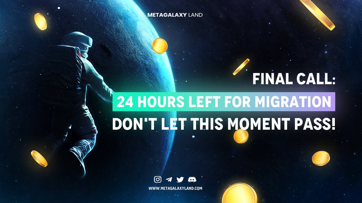 Last 24 hours to complete the V2 token migration! Seize this last chance to shape your destiny in Metagalaxy Land. 🌟 Complete your migration here: migration.metagalaxyland.com Check out our step-by-step article if you haven't yet: medium.com/@metagalaxylan… #MetagalaxyLand #Migration