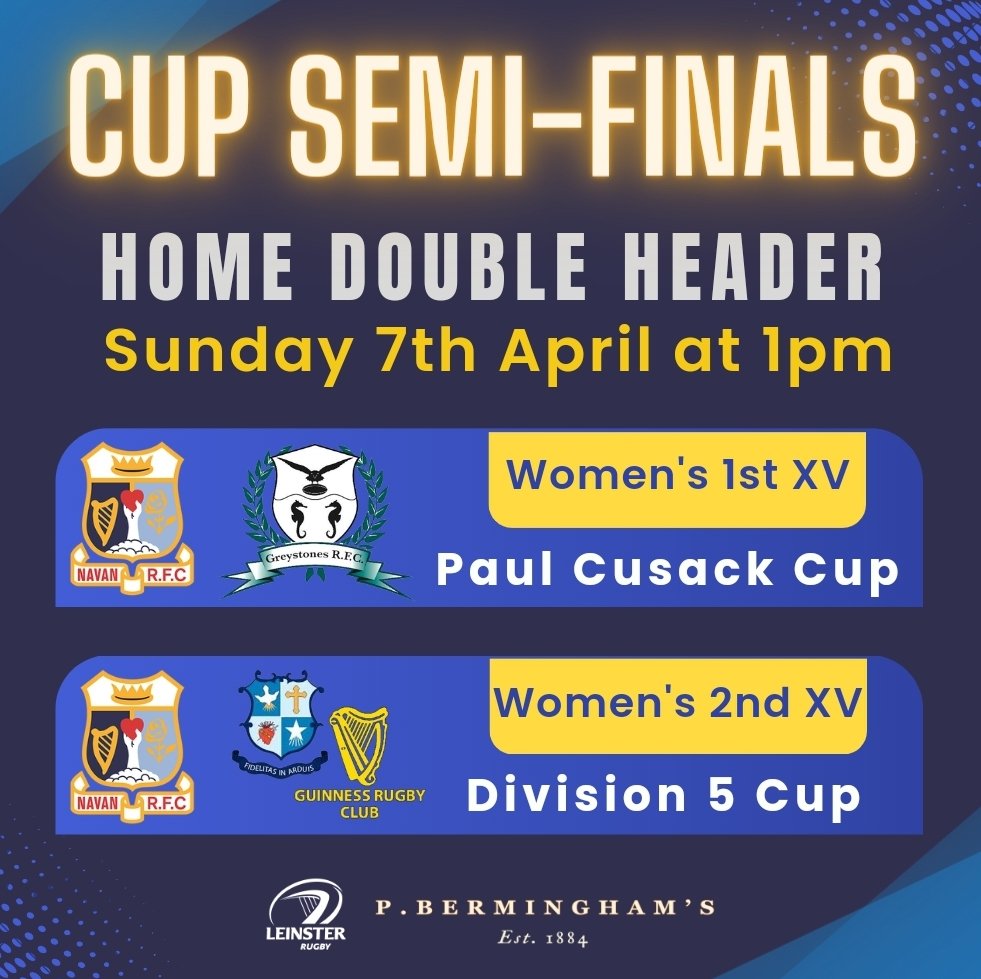 𝗦𝗘𝗠𝗜-𝗙𝗜𝗡𝗔𝗟 𝗛𝗢𝗠𝗘 𝗗𝗢𝗨𝗕𝗟𝗘 𝗛𝗘𝗔𝗗𝗘𝗥 this Sunday for both our Senior Women's teams 👊 🏉 Women's 1st v @GreystonesRFC Paul Cusack Cup SF 1pm. 🏉 Women's 2nd v @StMarysRFC @GuinnessRFC Division 5 Cup SF 1pm. Come cheer on our women 🙏. #WomenOfLeinsterRugby