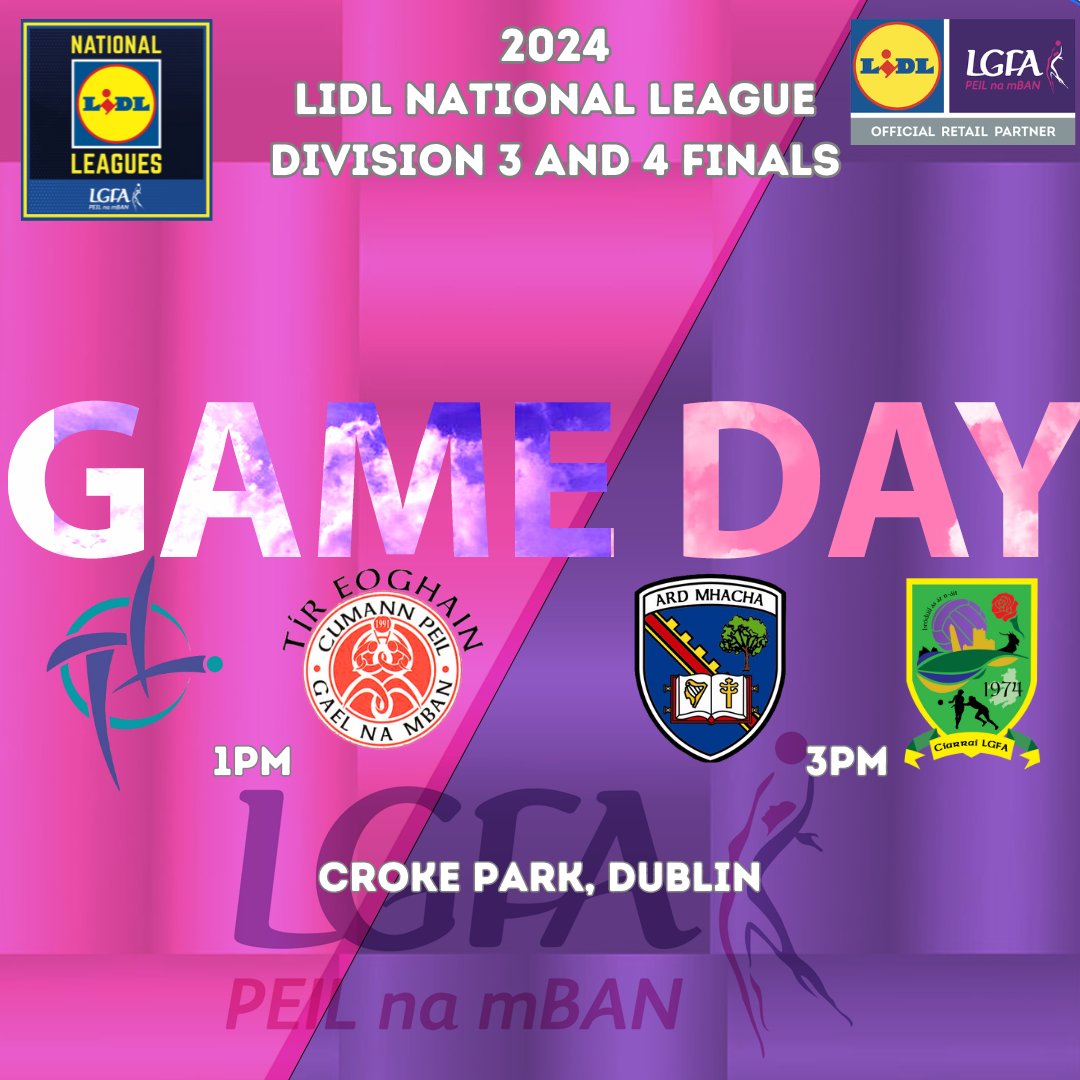 🚨GAME DAY!🚨 Join us at @CrokePark today as @ArmaghLGFA @kerryladiesfoot @KildareLGFA1 and @LgfaTyrone battle it out for @lidl_ireland National League Division 1 and 2 glory! Tickets➡️ bit.ly/3U6rdn5 #SeriousSupport #GetBehindTheFight