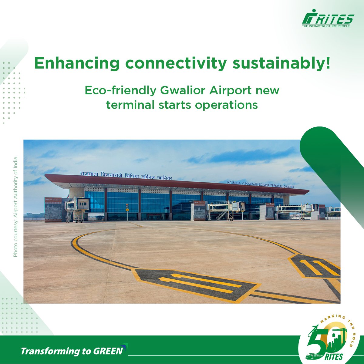 RITESLIMITED's tweet photo. #GwaliorAirport commences operations at its new, eco-friendly terminal, Rajmata Vijayaraje Scindia Terminal.
#RITES played a vital role in developing this milestone project, leveraging its #Consultancy expertise in #infrastructure.
#Infra4Future
@AAI_Official https://t.co/wlkoDap3ZR