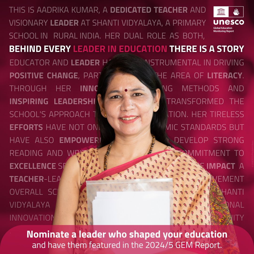 Nominate a leader who shaped YOUR education and have them featured in the #2024GEMReport! Whether they made schools more inclusive, influenced policy, or shaped public perception, we want to hear their stories! Take part in the survey: bit.ly/3TOok8U