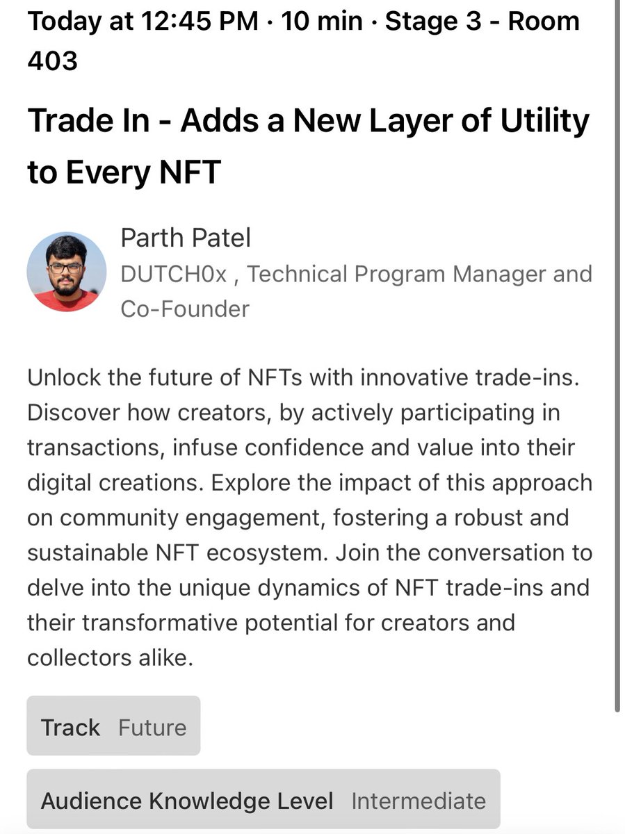 iamparth_eth's tweet photo. Good morning, @NFT_NYC .

Today, I'm going to talk about an innovative concept for #NFTs with the potential to bring significant utility to this space.

I'm excited to educate you about 
Trade-In for NFTs.

See you at #NFTNYC2024 today, 
at 12:45 PM in Stage3 - Room 403 https://t.co/Ag2IjsMgcA