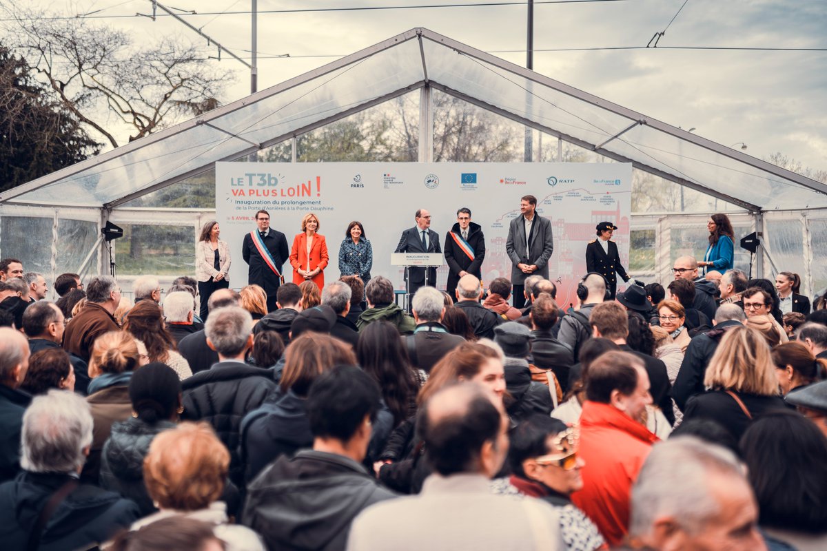 [#prolongement #T3b] Le T3b circule désormais jusqu'à Porte Dauphine ! 🎉 Son extension a été inaugurée ce 5 avril par @P_Vergriete, Ministre chargé des transports, @vpecresse, Présidente de la Région @iledefrance et @IDFmobilites, @JeanCASTEX, PDG du #groupeRATP, Anne Hidalgo,