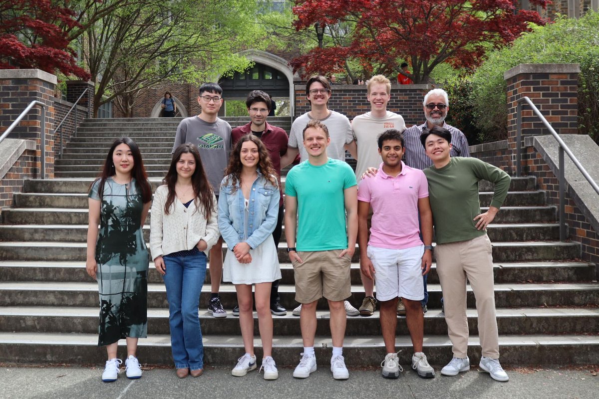 Arya lab group photo in gorgeous Duke campus: L to R front row: Donglin, Juanita, Gabby, Joe, Nimaye, Po-An; L to R back row: Robert, Safak, Rokas, Daniel, Gaurav.