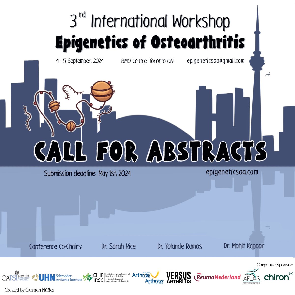 CALL FOR ABSTRACTS! The deadline to submit your abstract is May 1st, for the 3rd International Workshop on the Epigenetics of #OA, taking place on Sep 4-5, 2024 in Toronto. To register & submit your abstract -> epigeneticsoa.com #EpigeneticsOA2024