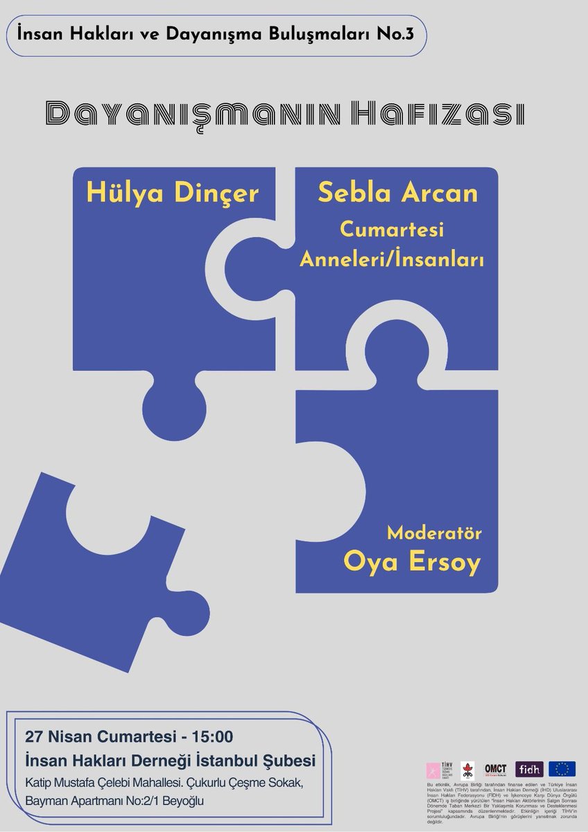 İnsan Hakları ve Dayanışma Buluşmaları - 3: DAYANIŞMANIN HAFIZASI 🎙️Hülya Dinçer 🎙️Sebla Arcan 🎙️Oya Ersoy (Moderatör) 🗓️27 Nisan 2024, Cumartesi 🕒15.00 📍İHD İstanbul Şubesi @CmrtesiAnneleri @ihdistanbul @OyaErsoy