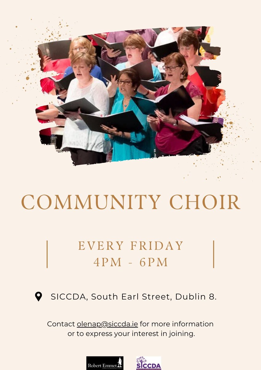 Do you love to sing? Then why not join our community choir and harmonise with us every Friday! We are currently seeking 2 to 3 individuals from the Dublin 8 community to join us and help complete our choir. Contact olenap@siccda.ie for more information.