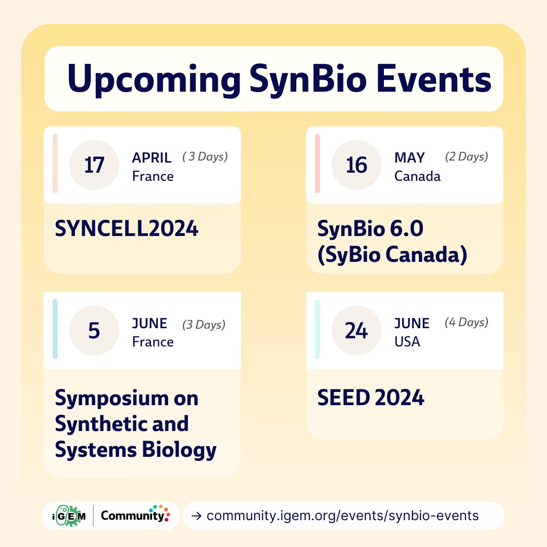 Upcoming Synthetic Biology Events 

- SYNCELL 2024
- SynBio 6.0
- Symposium on Synthetic and Systems Biology
- SEED 2024

Check our website to know which conferences, symposiums, courses, hackathons or workshops related to synbio are happening near you!

community.igem.org/events/synbio-…