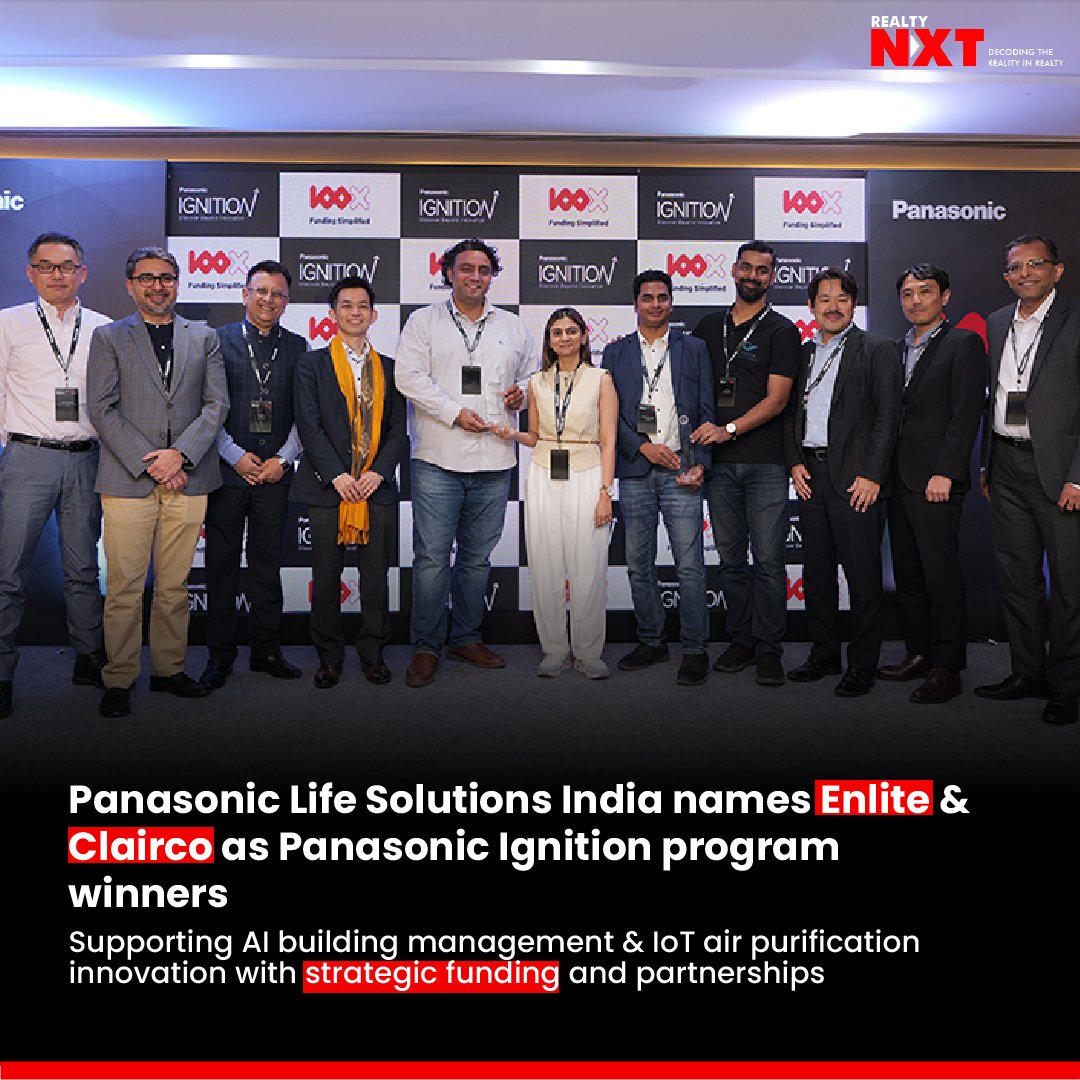 #News | #PanasonicIndia names #Enlite_Official & #Clairco winners of Ignition program. Enlite offers AI-enabled #buildingmanagement, Clairco develops IoT air purification solutions. Both to receive funding & collaborate with Panasonic.    

#RealtyNXT #Tech #IoT #Funding