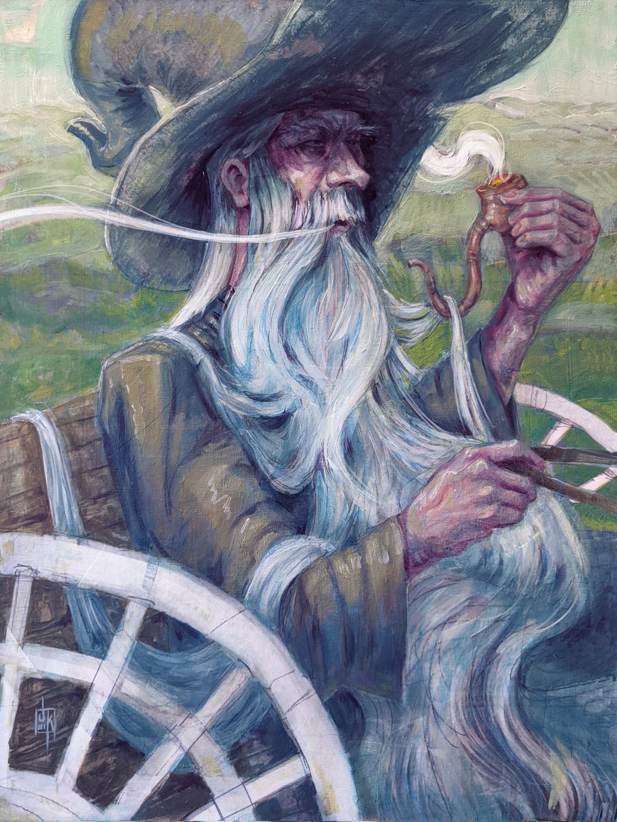 'Gandalf Arrives,' 18x24 acrylic and oils 2022, currently in the collection of my Oma, lol. This was prime experiment time for me but that hat still goes hard.