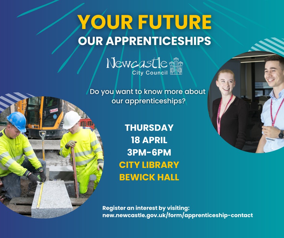 Newcastle City Council are recruiting for a range of apprenticeships and holding an event on 18th April from 3pm-6pm at Newcastle City Library. Please share. @NewcastleCC @InformationNow1