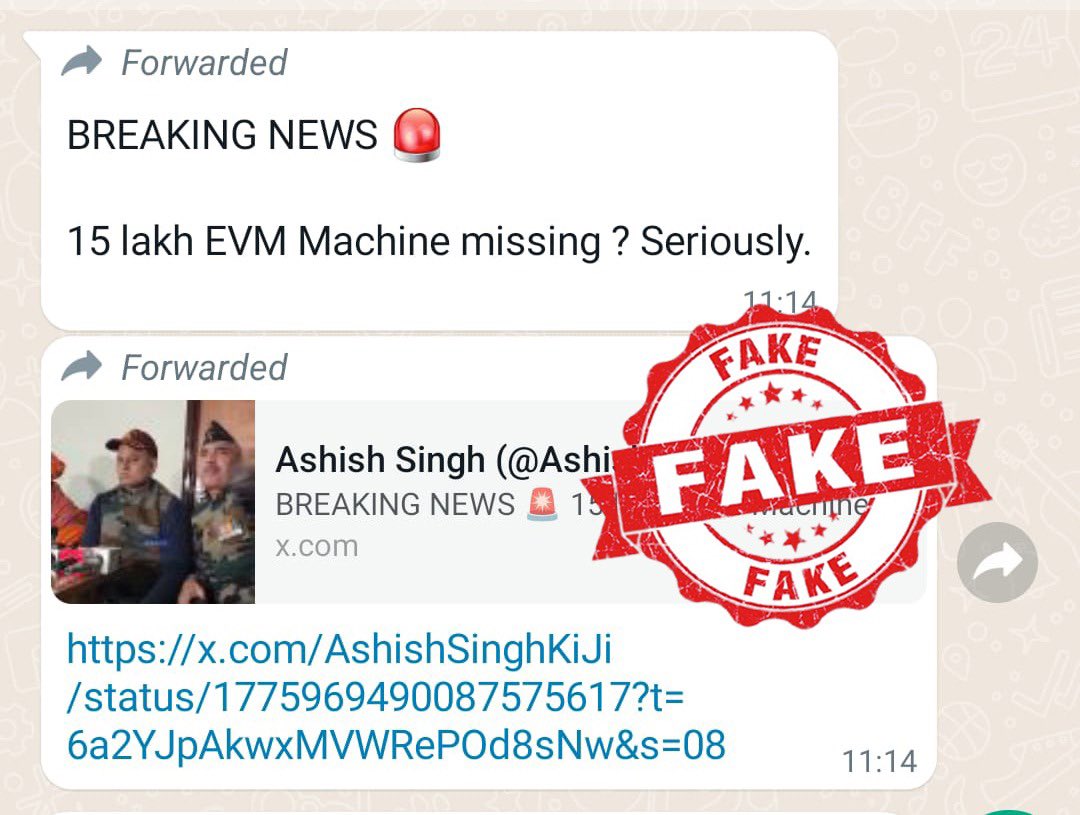 ➡️False Claim: 15 lakh EVMs missing ➡️Reality : claim is misleading and #fake. Facts are twisted & presented selectively. There are no missing EVMs. Honble Supreme Court also dismissed the petitions on missing EVMs. For more info check out FAQs link 👉 eci.gov.in/evm-faq-new