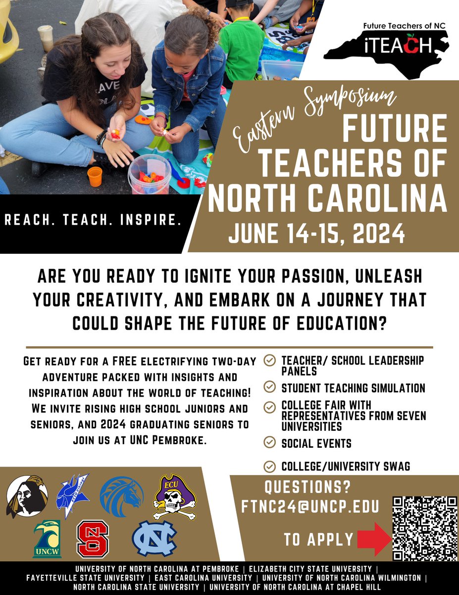 Calling all future teachers! ✏️ Rising high school juniors and seniors and 2024 graduating seniors are invited to attend the Future Teachers of North Carolina Eastern Symposium on June 14-15 at @uncpembroke! Register or learn more: ow.ly/3Uw850R9enA @UNCPTeach #NCed