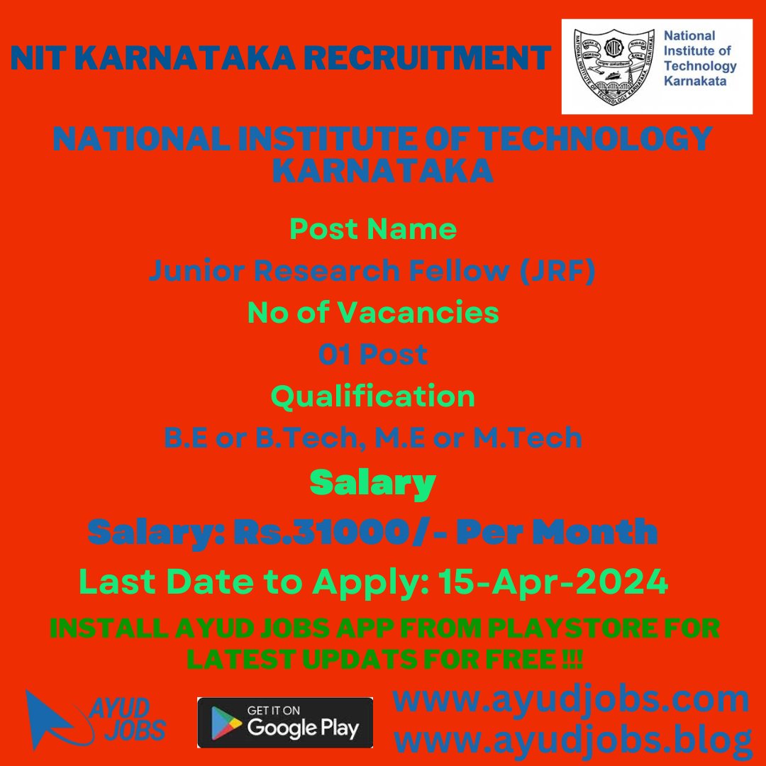 ayud.page.link/gf3JuJWrhJbYVN…

Notification NIT Karnataka Recruitment Post Name Junior Research Fellow (JRF) No of Vacancies01 Post Qualification B.E or B.Tech, M.E or M.Tech Last Date to Apply: 15-Apr-2024 Salary: Rs.31000Per Month

 #nit #internship