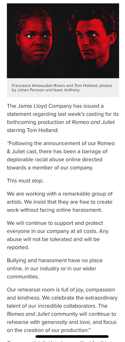 This is horrendous and we completely support the statement by the producers of Romeo & Juliet and wish Francesca Amewudah-Rivers only joy playing the role of a lifetime in this great production. whatsonstage.com/news/jamie-llo…