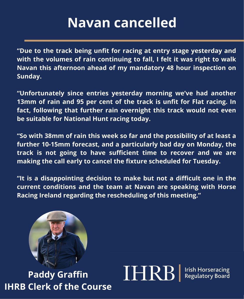 ihrb_ie's tweet image. ⚠️ Due to heavy rain and an unfavourable forecast, the fixture at @NavanRacecourse on Tuesday has been cancelled