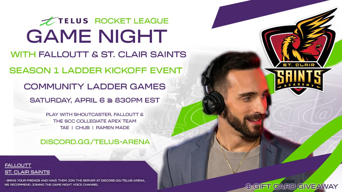 Another @TELUS Game Night! Join #SaintsApex alongside @Falloutt for some games and giveaways 🦅 📅April 6th ⏰8:30PM EST 🔗discord.gg/telus-arena