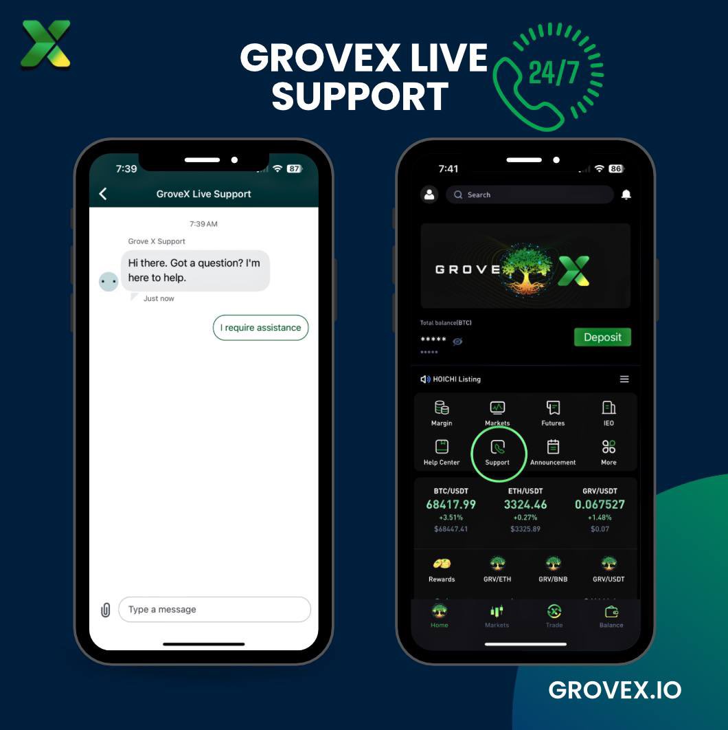 #GroveX Users We're here to provide all the support you need in relation to your GroveX.io account. Don't hesitate to send us a DM or join our live chat for further assistance. #GroveX #GroveExchange