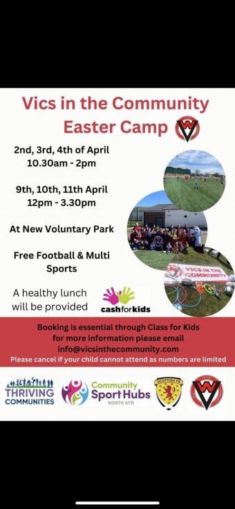 get the kids busy- 9th, 10th, 11th April - 12noon-3.30pm
At New Voluntary Park, Ayr
Free Football &amp; Multisports
A healthy lunch will be provided

Booking is essential through Class for Kids vics-in-the-community.classforkids.io

For more information please email info@vicsinthecommunity.com