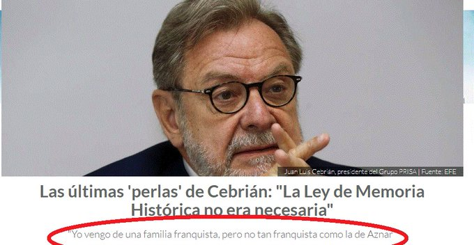 PRISA destituye a Cebrián como presidente de honor por fichar por The Objective.

Este fascista fue jefazo en el NO-DO de Franco y en Pueblo, diario franquista. Fundó EL PAÍS con otros franquistas y durante 5 décadas millones de gilipollas le tenían por progresista de referencia.