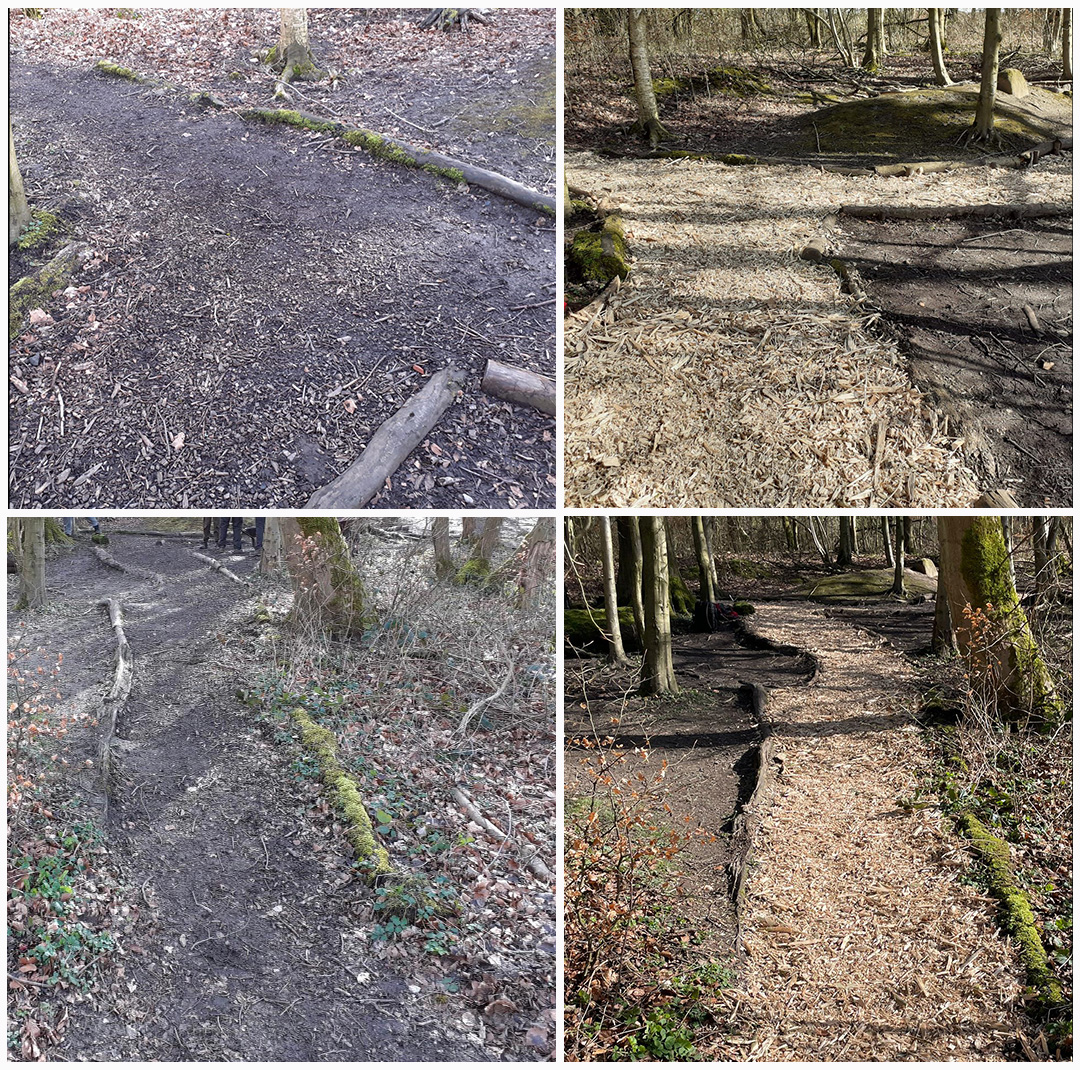 Thanks to volunteers from Freemans College, some of the woodland trail paths at Longshaw have had a makeover recently. They look great and will help visitors find the path through the wood much more easily now. 🥾🌳 📸 Thanks to Kate for these before and after photos.