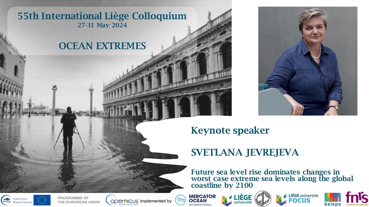 The first Keynote talk of the Liège Colloquium on Ocean Extremes will be given by Svetlana Jevrejeva on Monday 27 May: 'Future sea level rise dominates changes in worst case extreme sea levels along the global coastline by 2100' #LiegeOcean24