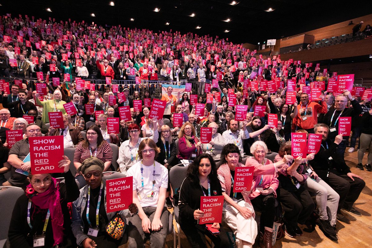 Delegates at annual conference #ShowRacismtheRedCard. The @NEUnion is pleased to support @SRTRC_England and its important anti-racism work with educators and young people. #NEU2024